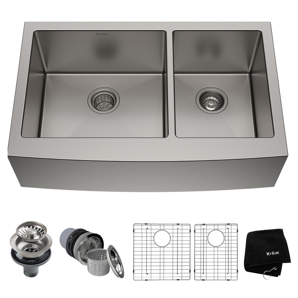Kraus Standard PRO Apron Front Farmhouse Stainless Steel Double Bowl Kitchen Sink, 33x21x10-in