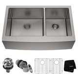 Kraus Standard PRO Apron Front Farmhouse Stainless Steel Double Bowl Kitchen Sink, 33x21x10-in