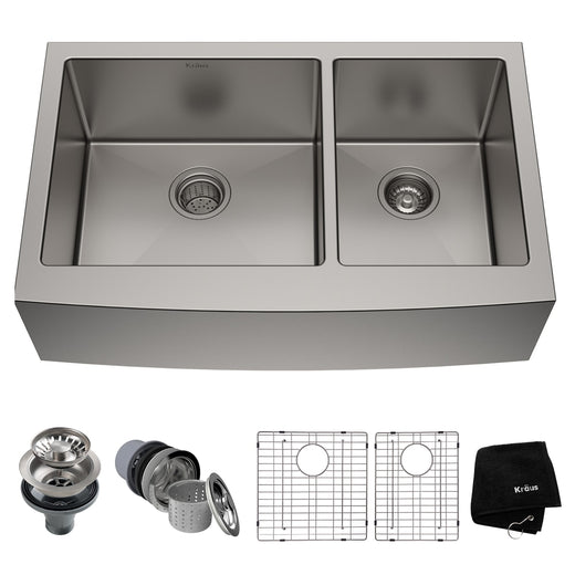 Kraus Standard PRO Apron Front Farmhouse Stainless Steel Double Bowl Kitchen Sink, 33x21x10-in