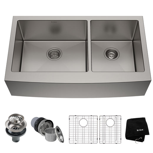 Kraus Standard PRO Apron Front Farmhouse Stainless Steel Double Bowl Kitchen Sink, 36x21x10-in