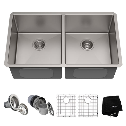 Kraus Standard PRO Undermount Stainless Steel Double Bowl 50/50 Kitchen Sink, 33x19x10-in