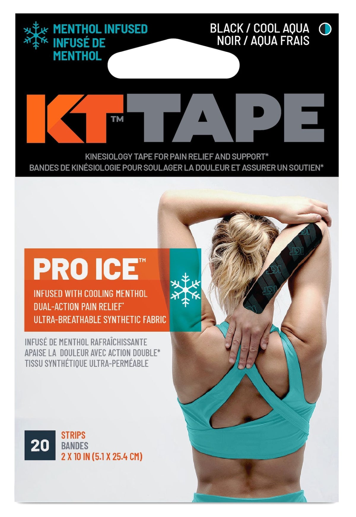 KT Tape Pro Ice Pre-Cut Elastic Kinesiology Sports Tape with Menthol, Black, 10 x 2-in Strips, 20-pk