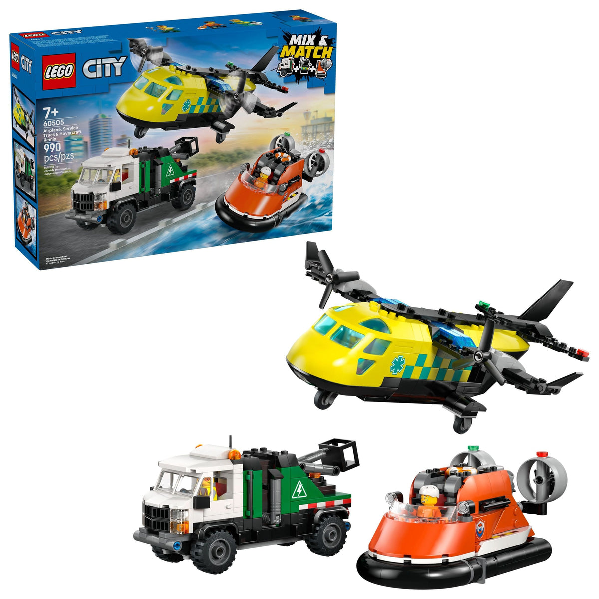 LEGO City Airplane Service, Truck & Hovercraft Remix Building Set - 60505, 990-pcs, Ages 7+