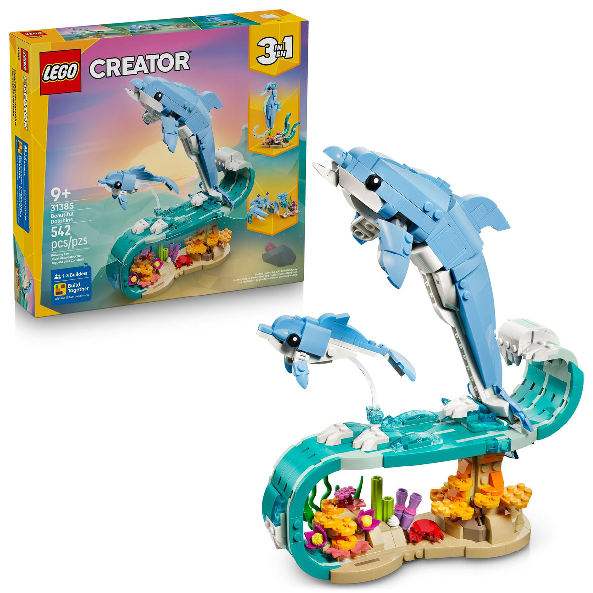 LEGO Creator 3-in-1 Sea Animals: Beautiful Dolphins Toy Building Set - 31385, 542-pcs, Ages 9+