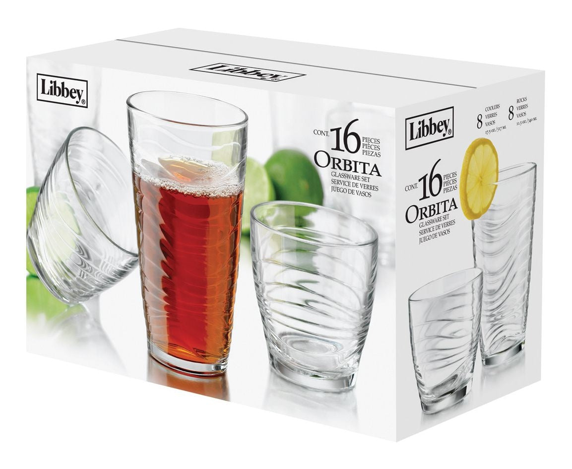Libbey Orbita 16pc Tumbler Glassware Set, Dishwasher Safe, 8pc x 13-oz and 8pc x 18-oz