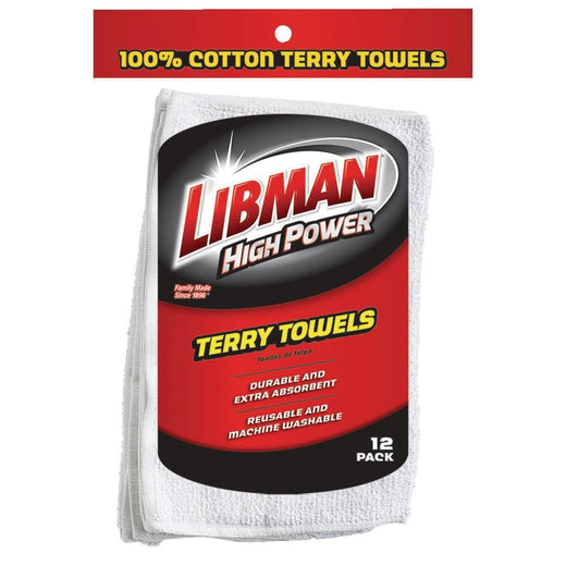 Libman Heavy Duty All-Purpose Machine Washable 100% Cotton Terry Towels, White, 12-pk