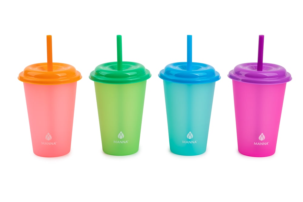 Manna Plastic Colour Changing Cups with Straws & Lids, 12-oz, 4-pk, Assorted Colours