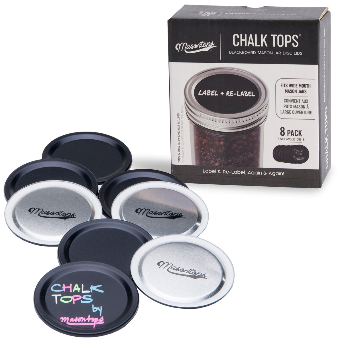 Masontops Chalk Tops Wide Mouth Storage Lids (Non-Sealing) for Mason Jars, 8-pk
