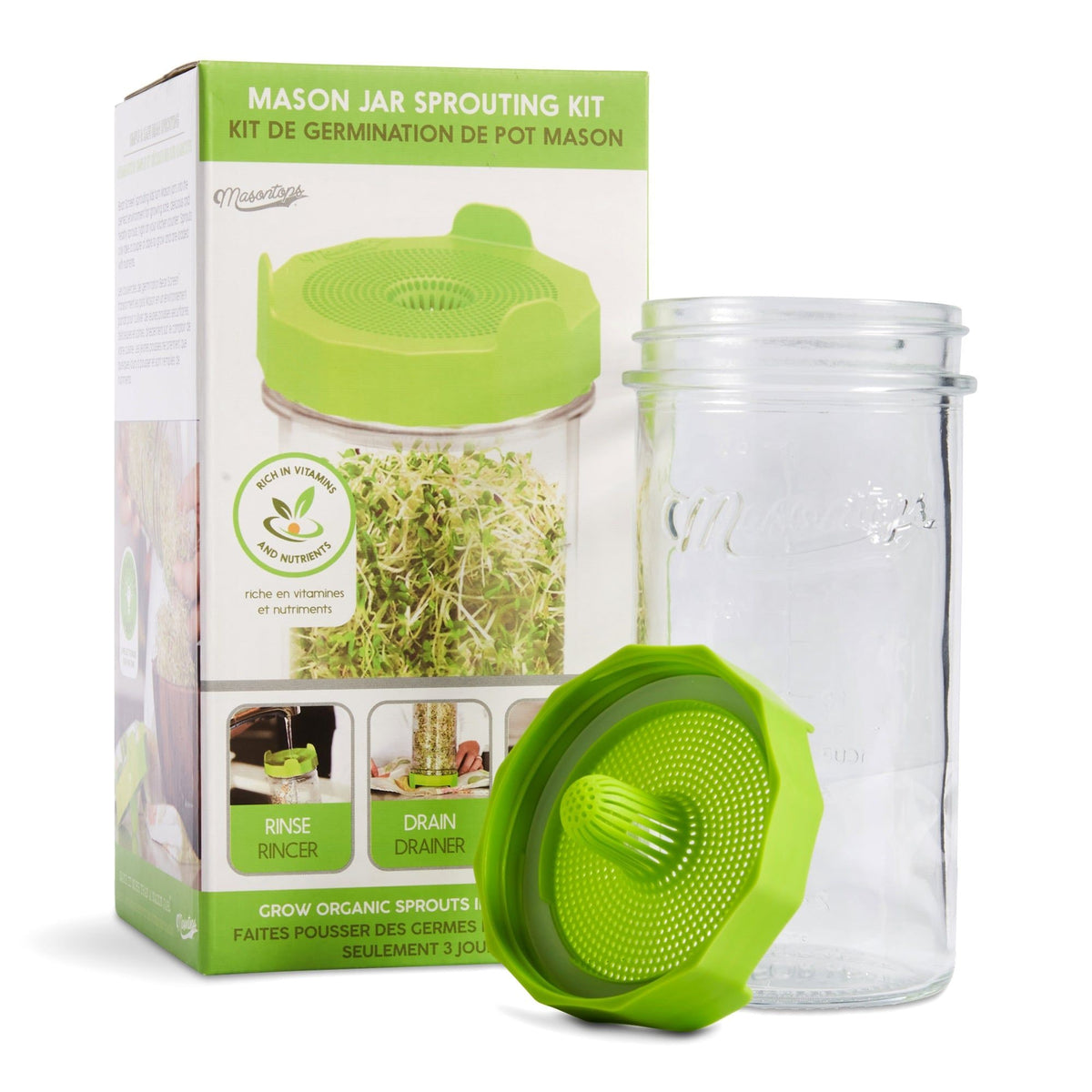 Masontops Single Mason Jar Sprouting Kit with Seeds, 3-pc