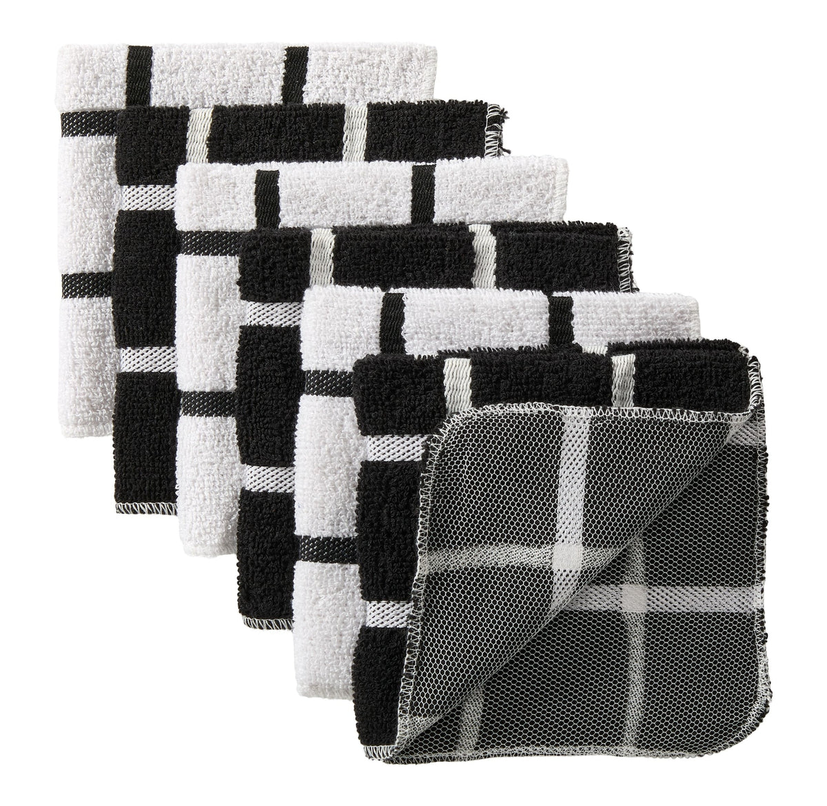 Master Chef Terry Checkered Dish Cloths with Scrubber, Black, 6-pk