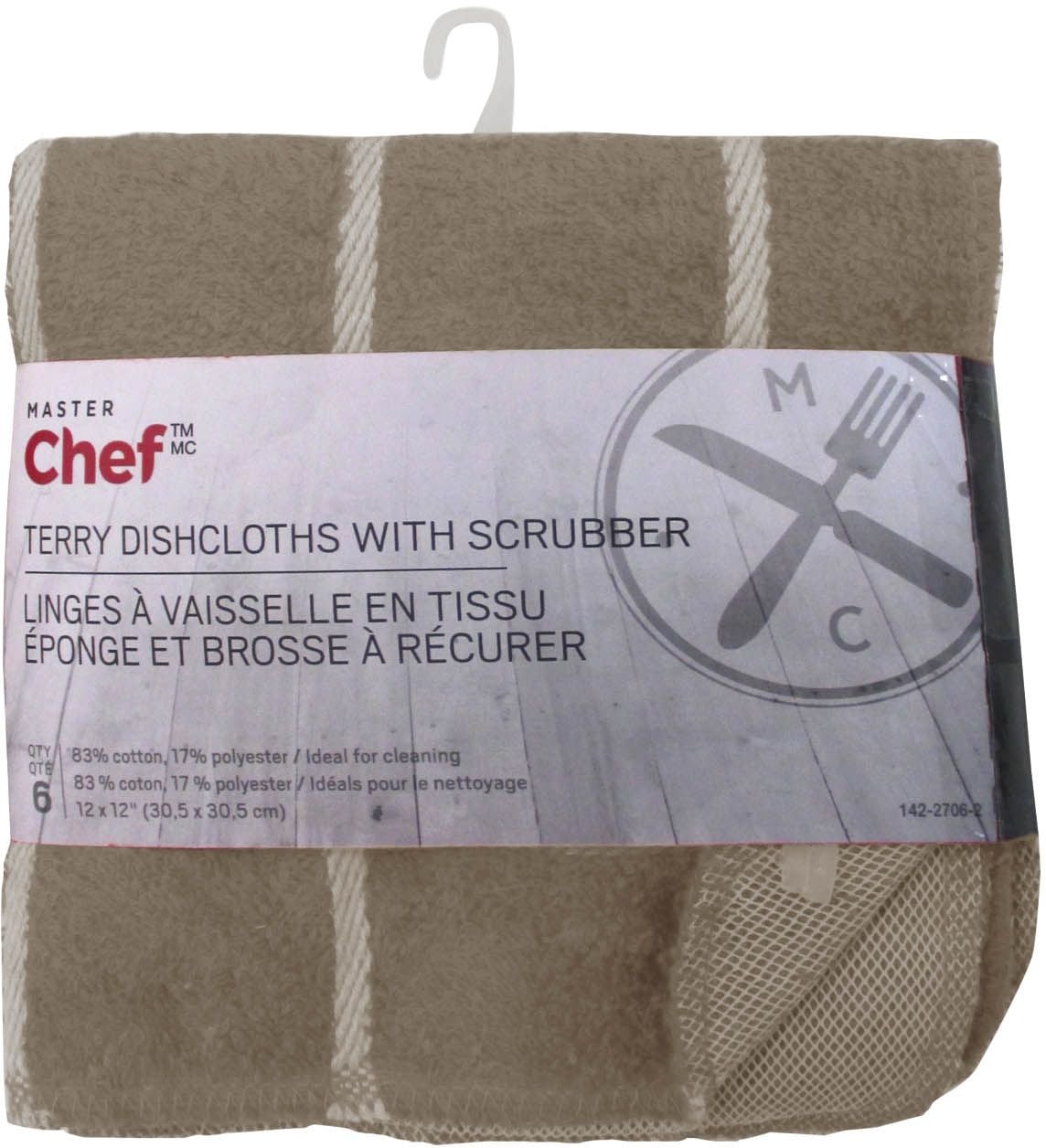 MASTER Chef Terry Cotton Checkered Dishcloths with Scrubber, 12-in x 12-in, 6-pk, Brown