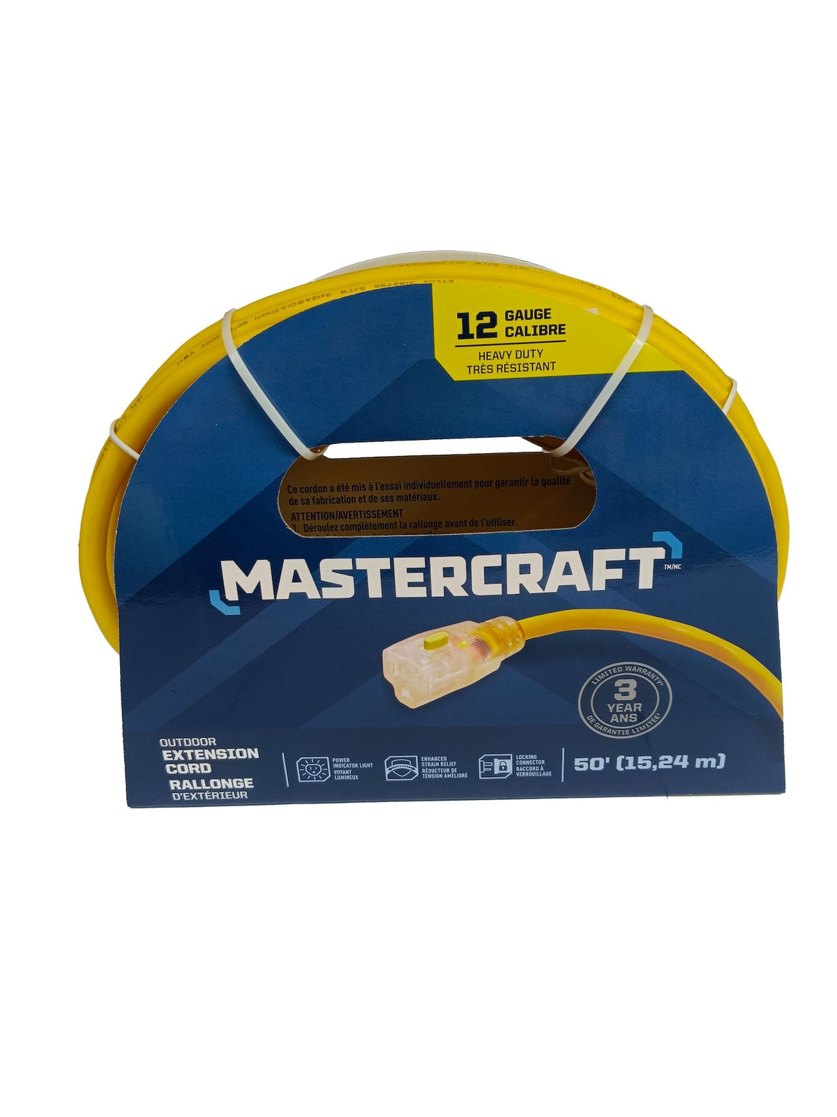 Mastercraft 12/3 Outdoor Extension Cord with Lighted end & Locking Connector, Yellow