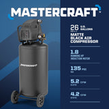 Mastercraft 26-Gallon Oil-Free Portable Vertical Air Compressor, Matte Black, 135 PSI, 1.8HP image 3