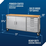 Mastercraft 72" Diamond Series 2-Door, 6-Drawer Wooden Top Work Station with Wheels, 72 x 21-5/8 x 37-1/2-in image 5