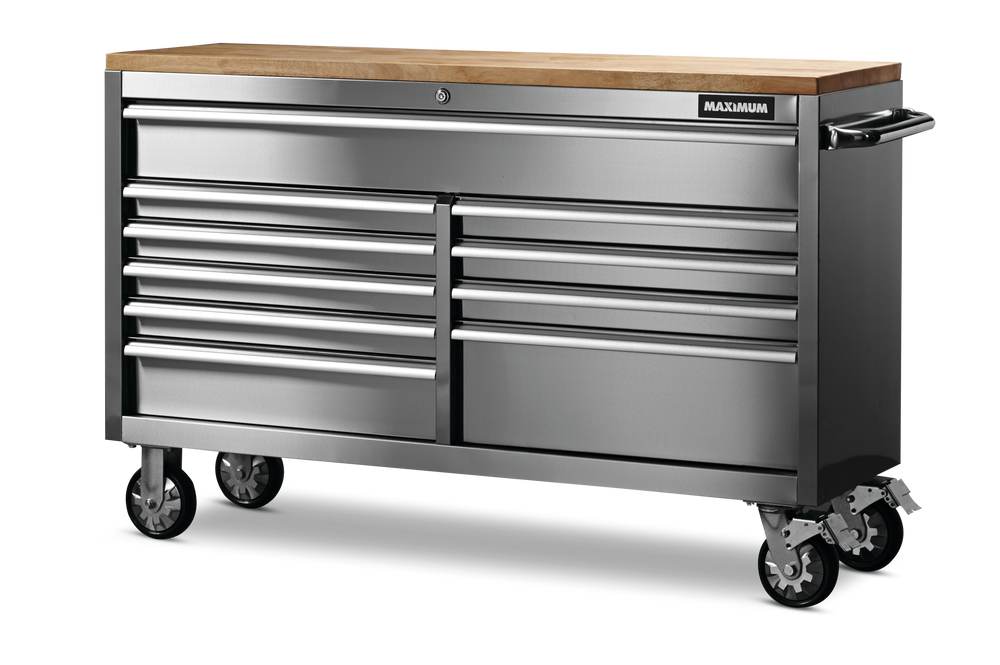 MAXIMUM Butcher Block Top Rolling Tool Storage Cabinet with 10 Drawers, Stainless Steel, 56-in