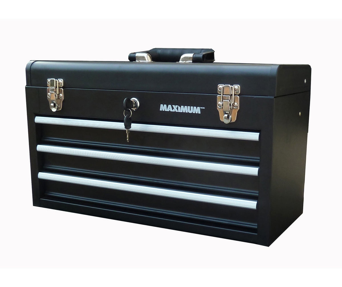 MAXIMUM Portable Metal Tool Box with 3 Drawers, Black, 21-in