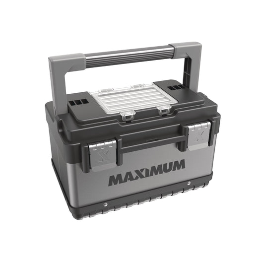 MAXIMUM Portable Plastic & Metal Tool Box with Removable Tray & Organizer, Black, 15-in