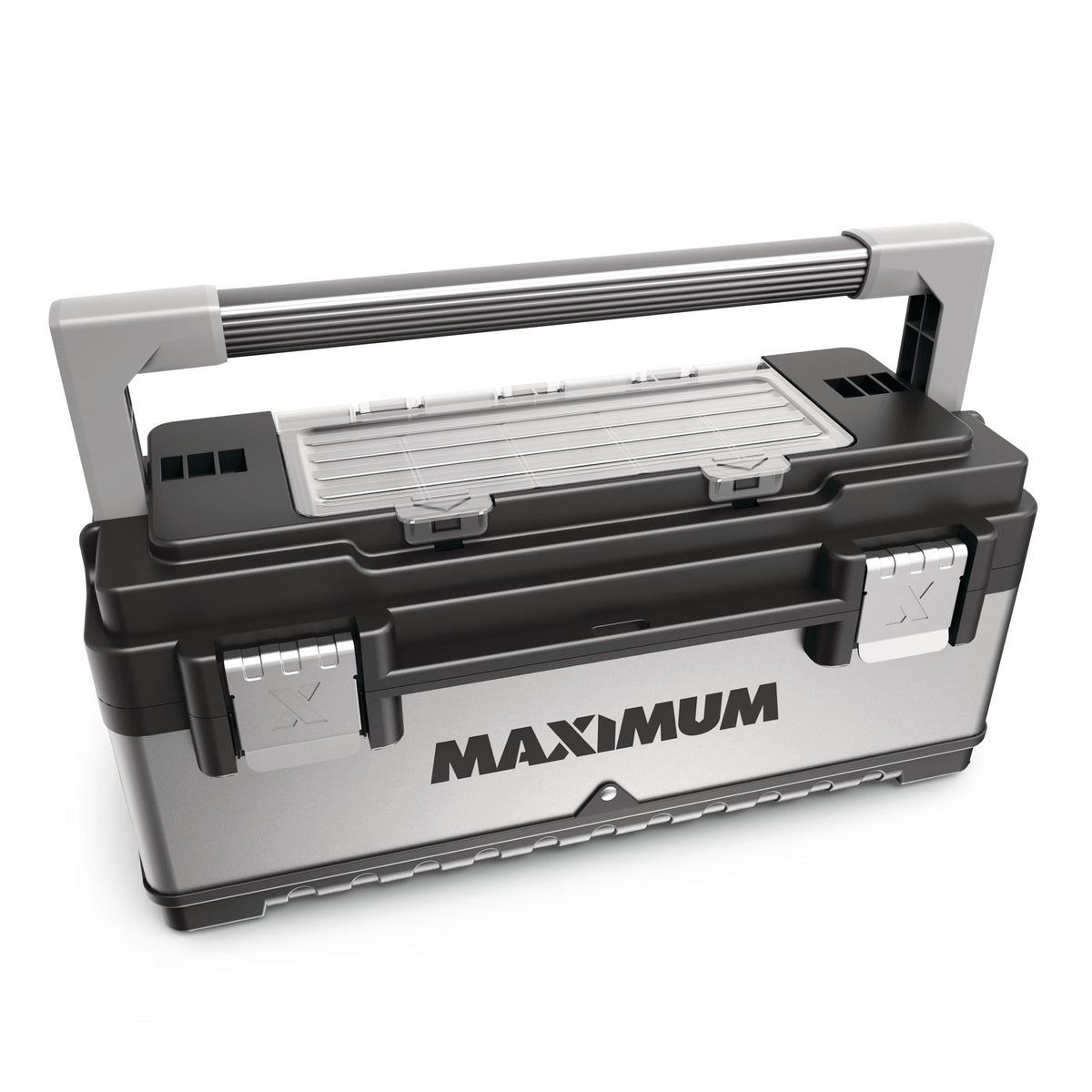 MAXIMUM Portable Plastic & Metal Tool Box with Removable Tray & Organizer, Black, 20-in