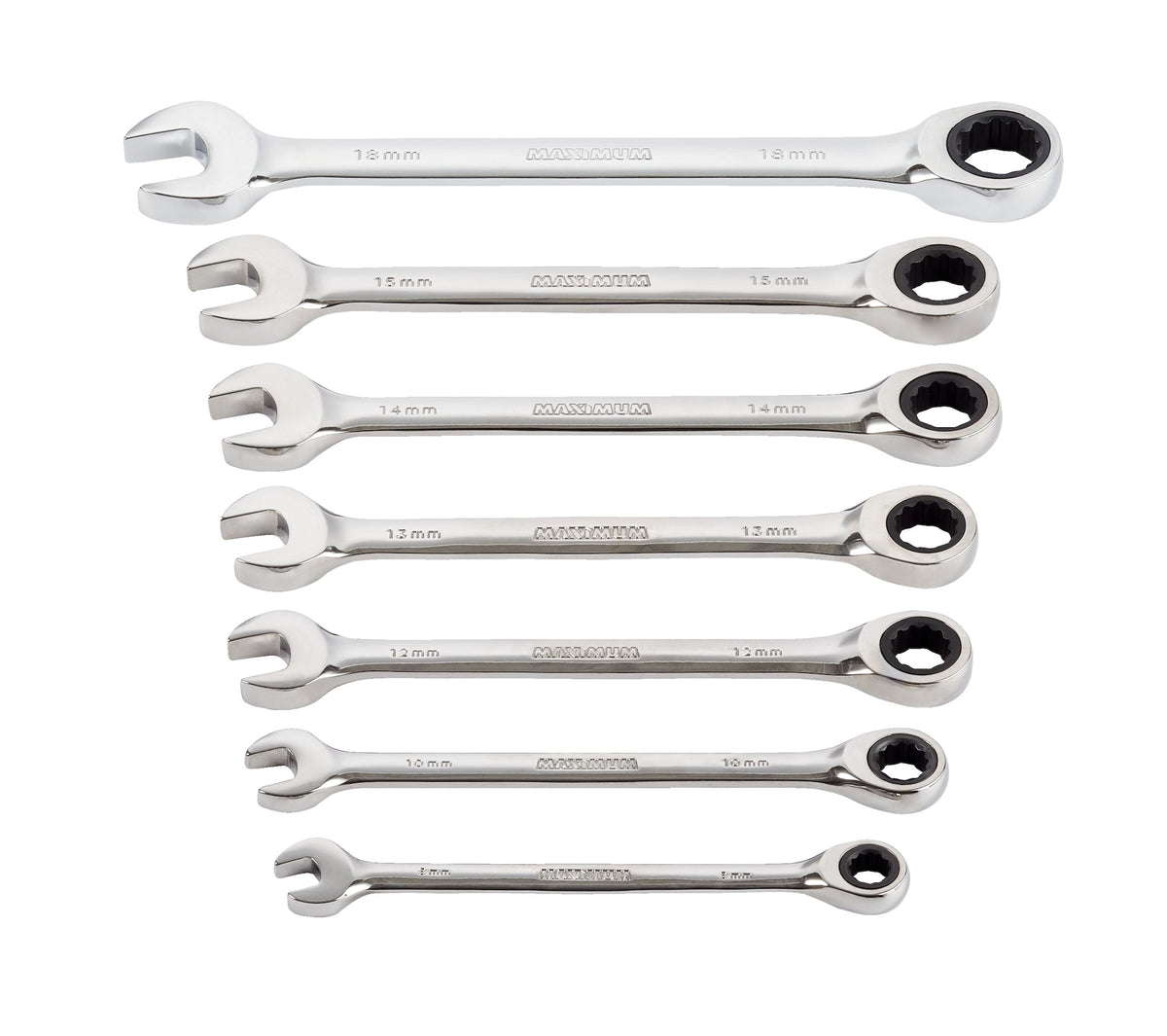 MAXIMUM Ratcheting Wrench Set, Metric, Nickel-Chrome Plating, 7-pc