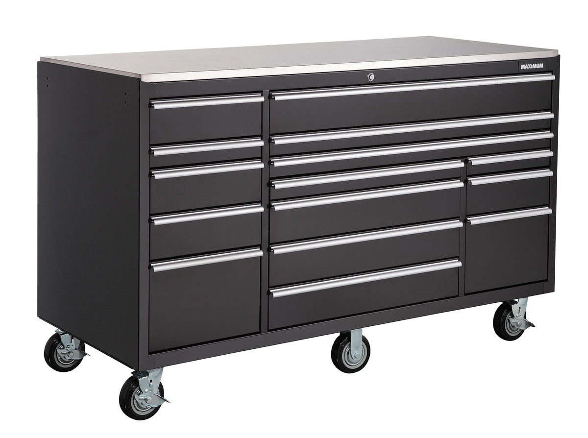 MAXIMUM Rolling Tools Storage Cabinet with 15 Drawers, Black, 72-in x 30-in