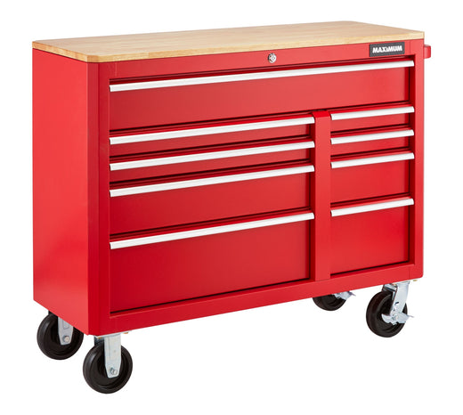 MAXIMUM Tool Storage Cabinet, Built-In Power Bar with USB, 9-Drawer, 47-in, Red