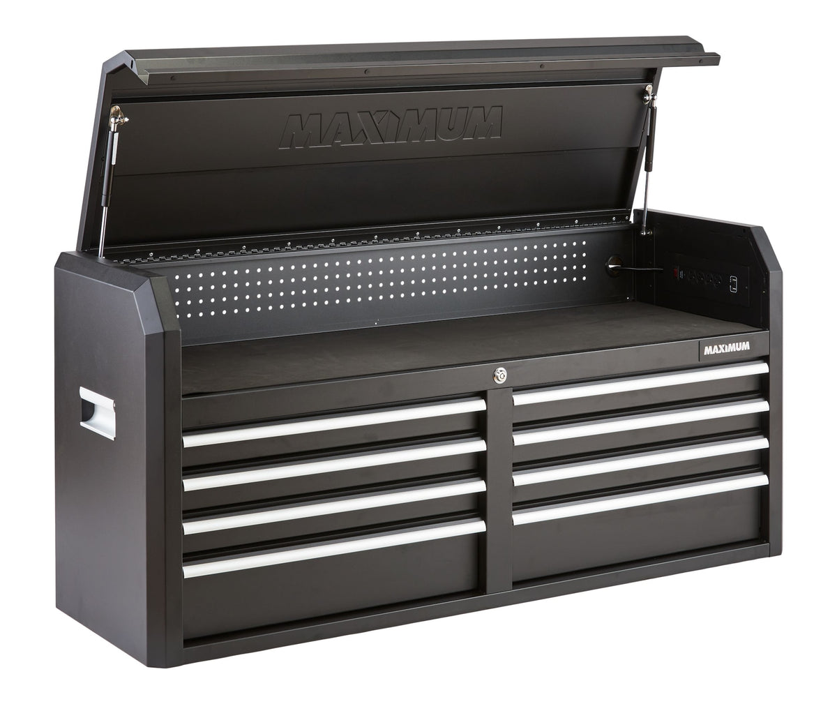 MAXIMUM Tool Storage Chest, Built-In Power Bar with USB, 8-Drawer, 56-in, Matte Black