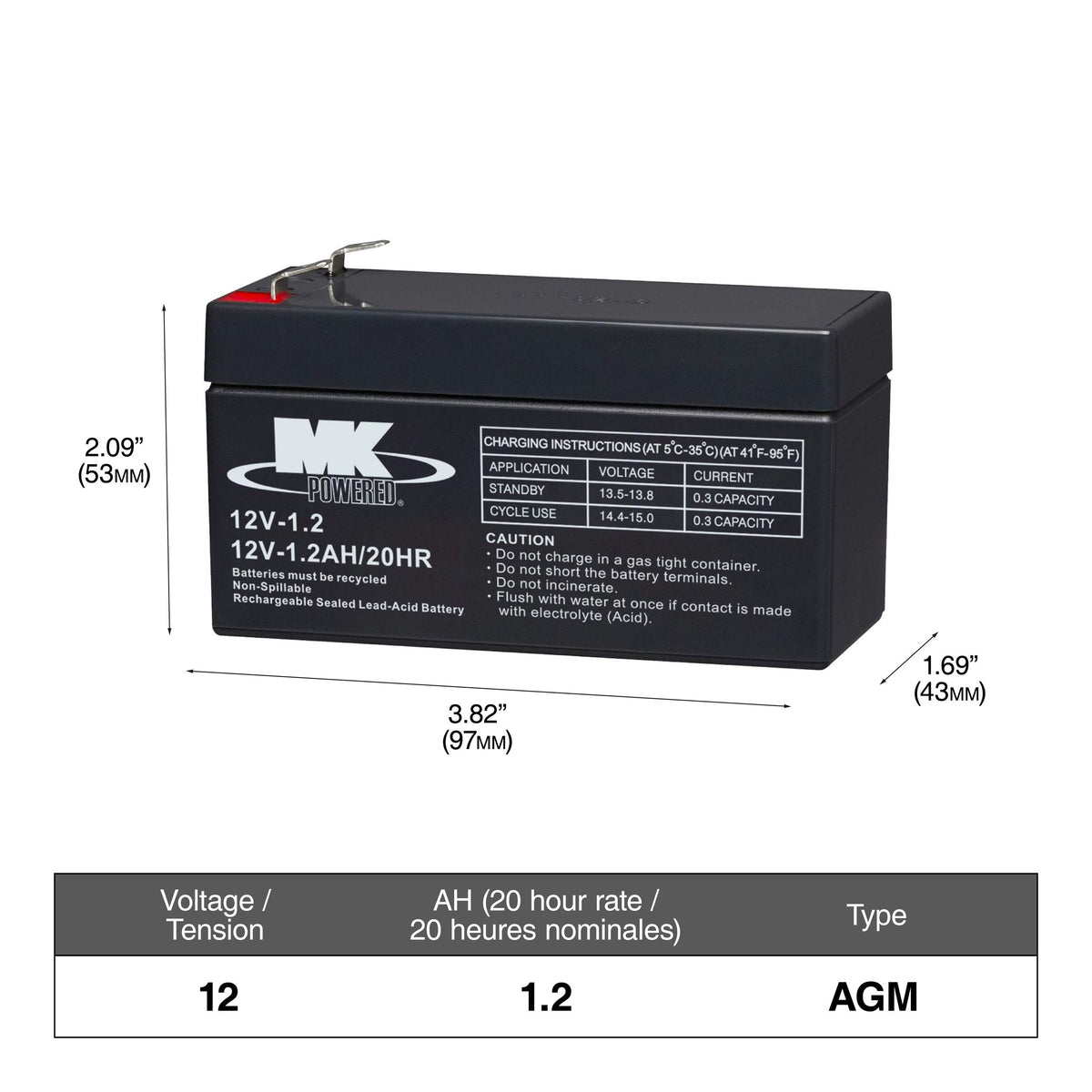 MK Battery 12-Volt 1.2 Ah SLA Battery, F1 Terminal