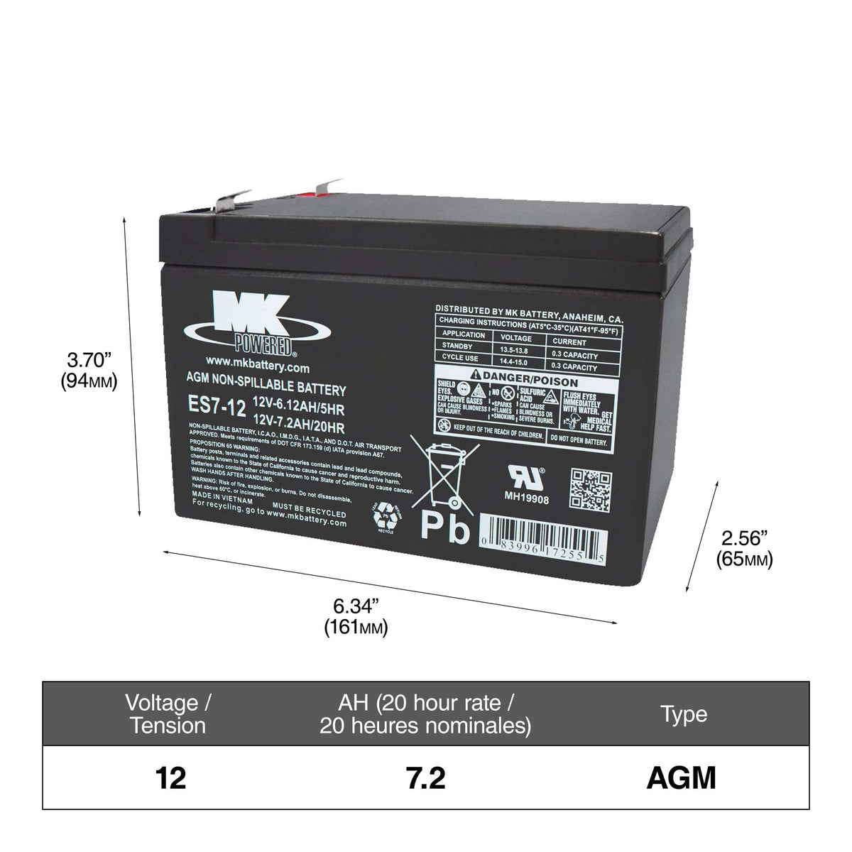 MK Battery 12-Volt 7.2 Ah SLA Battery, F2 Terminal
