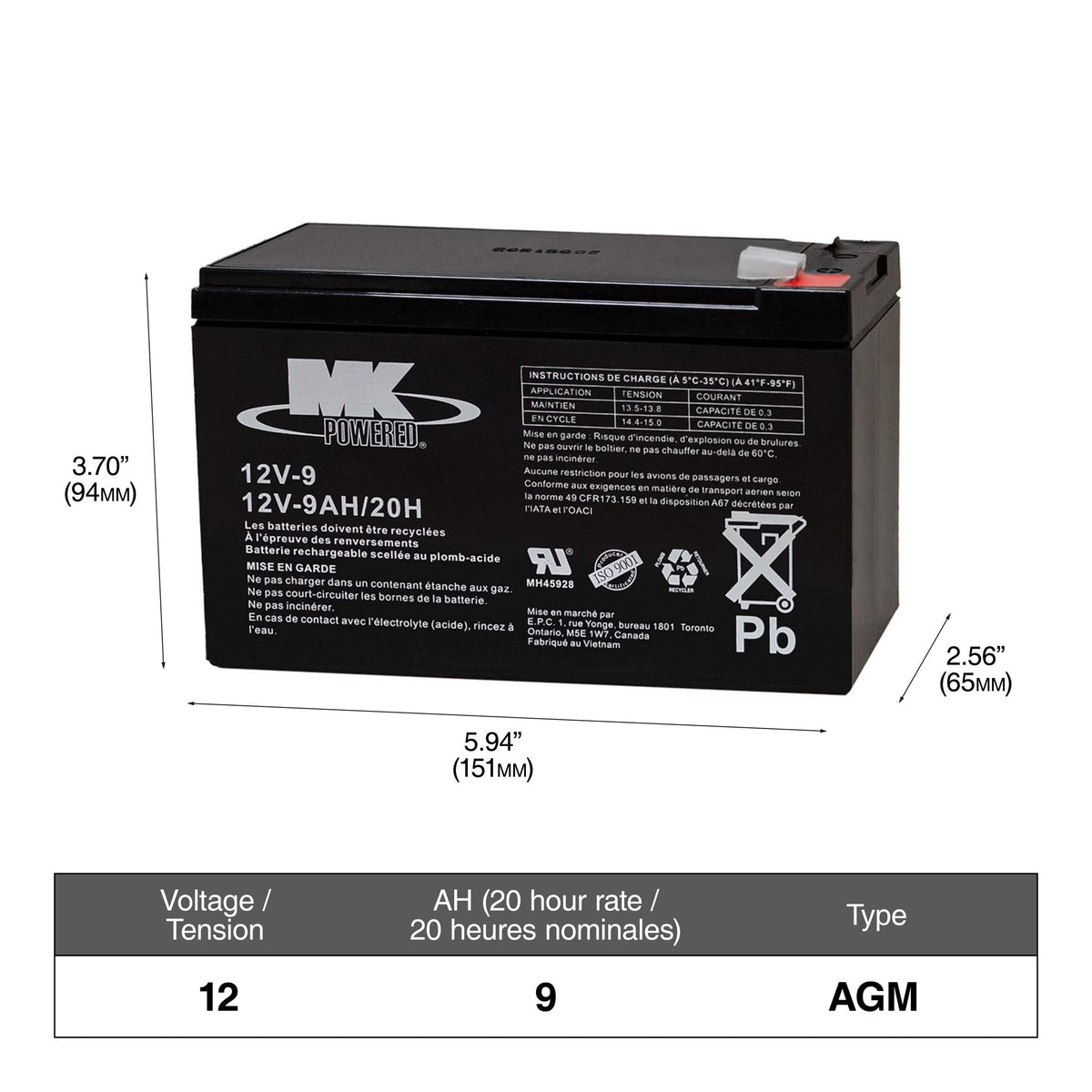 MK Battery 12-Volt 9 Ah SLA Battery, F2 Terminal