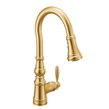 Moen Weymouth Single Handle High Arc Pull Down Sprayer Kitchen Faucet with Power Boost, Brushed Gold image 2