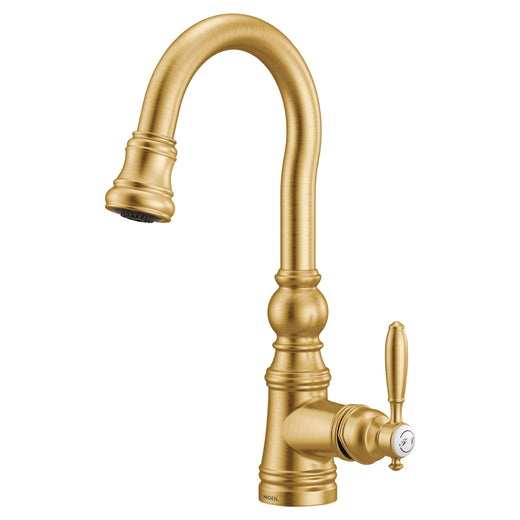 Moen Weymouth Single Handle High Arc Pull Down Sprayer Kitchen Faucet with Power Clean, Brushed Gold
