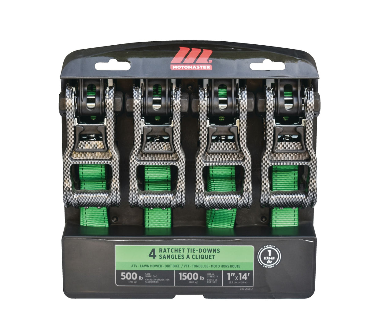 MotoMaster 1,500-lb Carbon Ratchet Tie Downs, Weatherproof, 1-in x 14-ft, 4-pk, Green