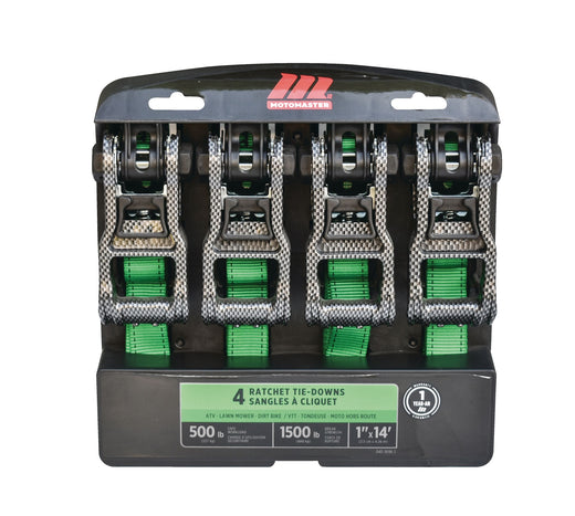 MotoMaster 1,500-lb Carbon Ratchet Tie Downs, Weatherproof, 1-in x 14-ft, 4-pk, Green