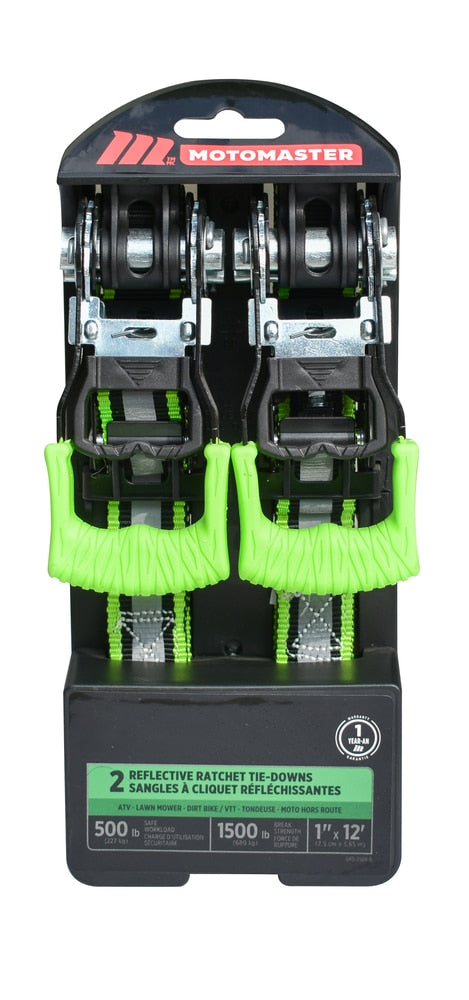 MotoMaster 1,500-lb Reflective Ratchet Tie-Down Strap with Padded D-Handle, 1-in x 12-ft, 2-pk