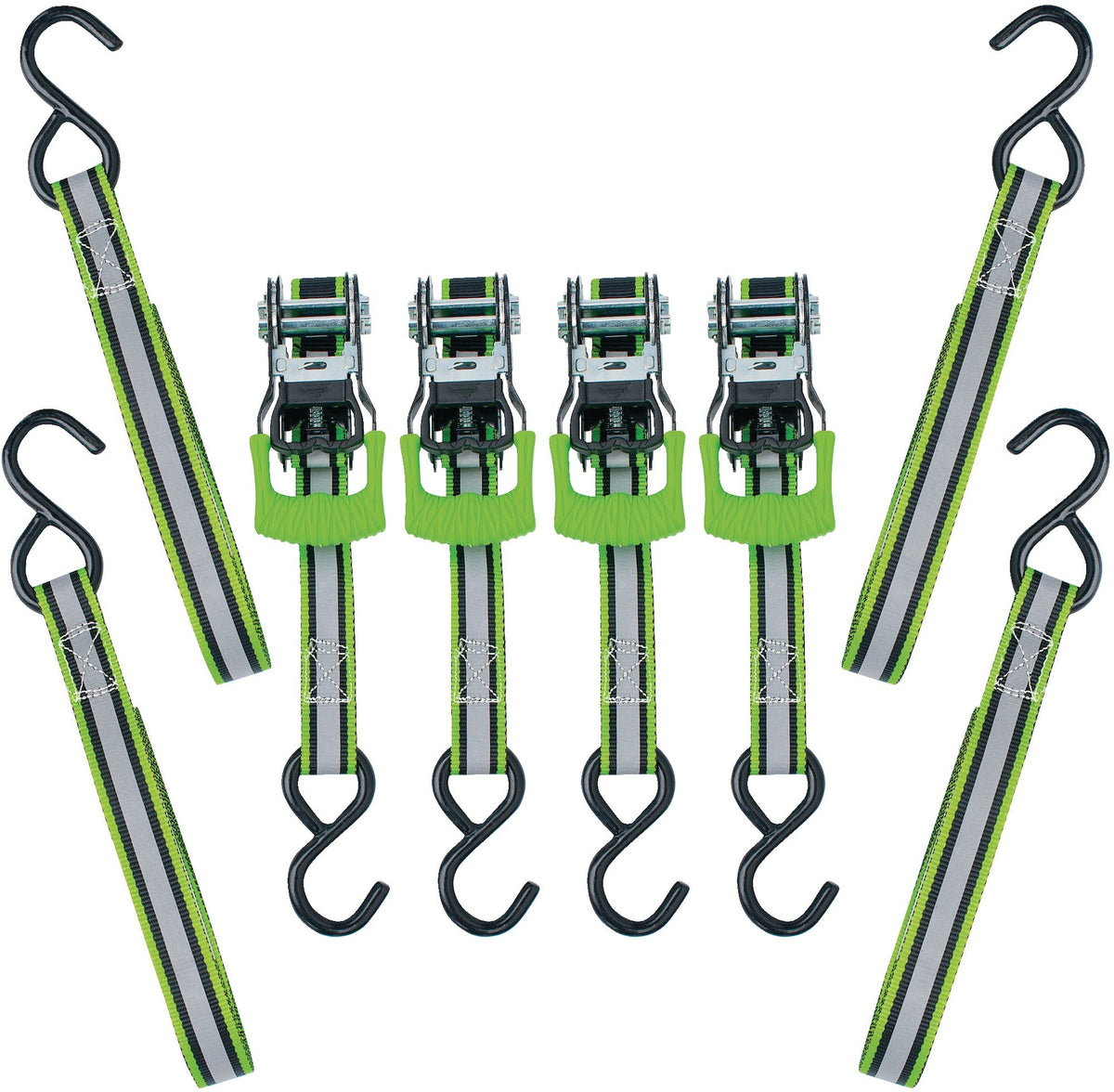 MotoMaster 1,500-lb Reflective Ratchet Tie Down Strap, with Padded D-Handle, 1-in x 12-ft, 4-pk, Green