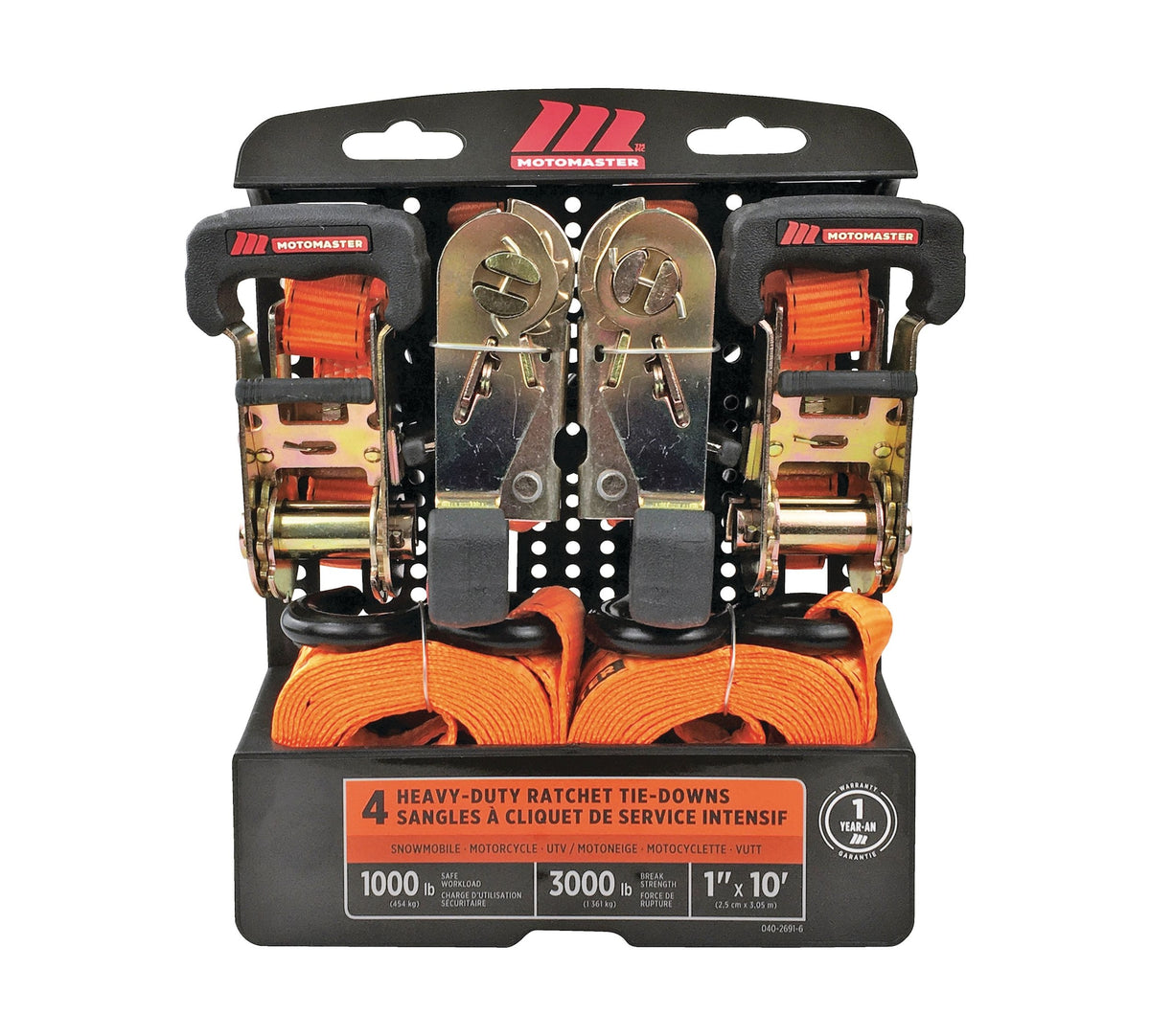MotoMaster 3,000-lb Ratchet Tie Down Straps, with Power Grip Padded Handles, 1-in x 10-ft, 4-pk