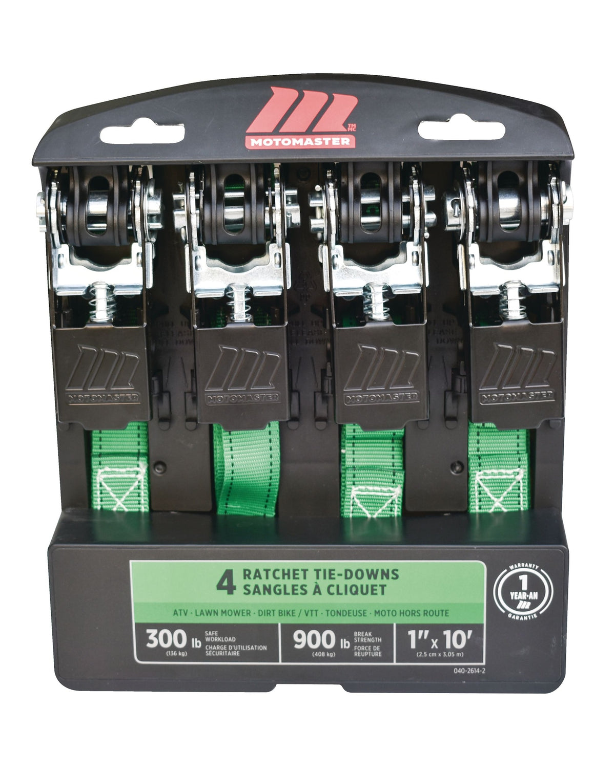 MotoMaster 900-lb Ratchet Tie-Down Straps, Non-Padded, 1-in x 10-ft, 4-pk