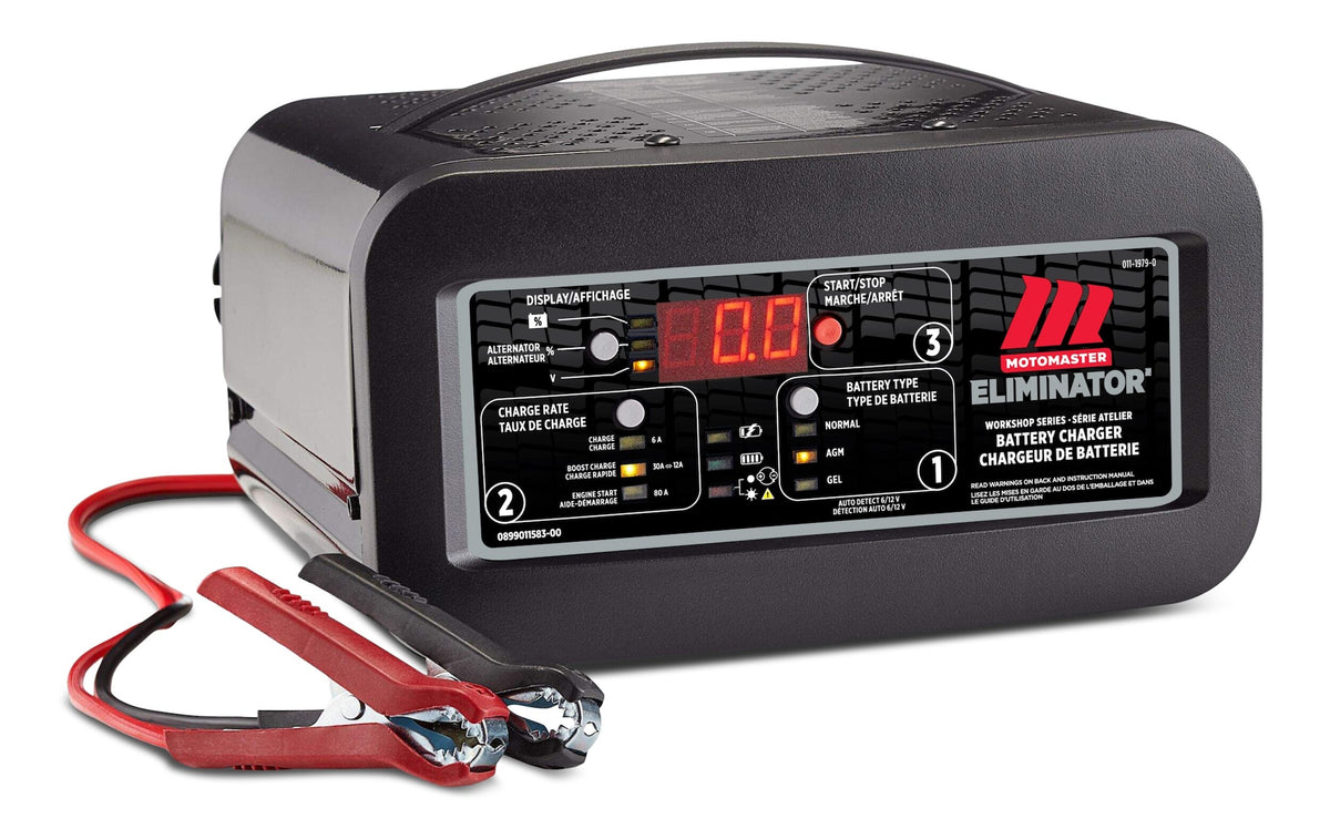 MotoMaster Eliminator Workshop Series Smart Battery Charger, Fully Automatic, 30/12/6-Amp, 6V/12V, with 80-Amp Engine Start