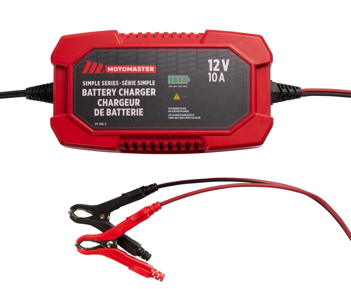 MotoMaster Simple Series Smart Battery Charger/Maintainer, Fully Automatic, 10-Amp, 12V