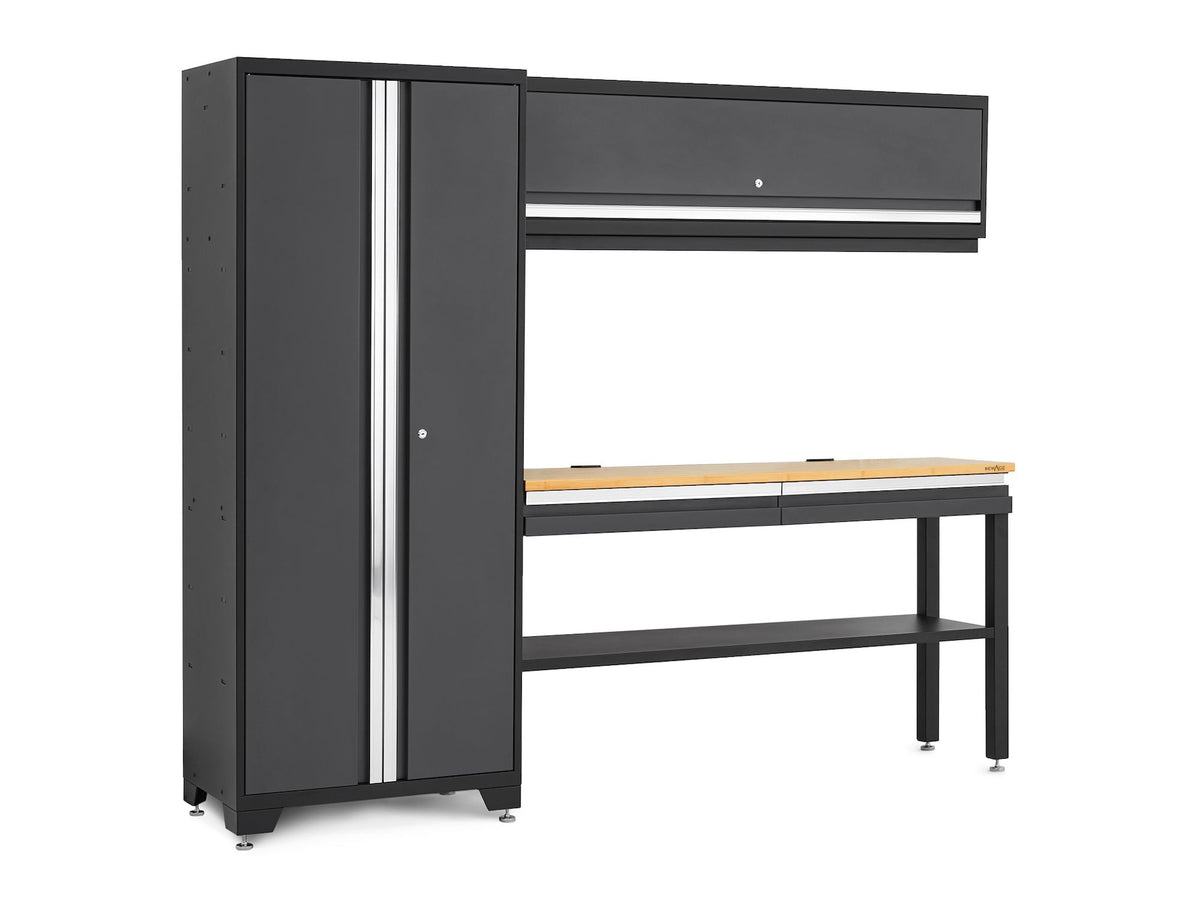 NewAge Bold 3.0 Series All-in-One Lockable Steel Garage Cabinetry Set with Bamboo Top, Grey, 90-in x 18-in x 72-in, 4-pc