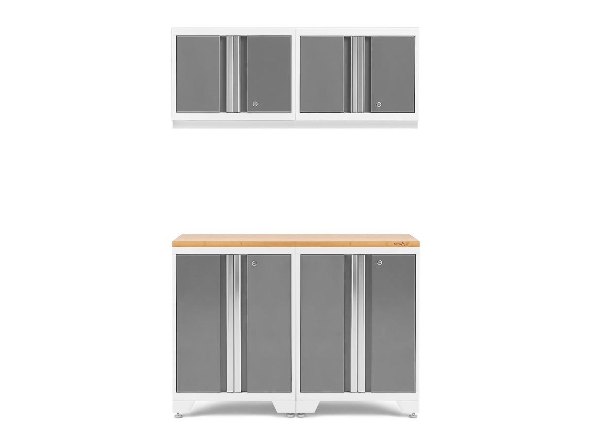 NewAge Bold 3.0 Series All-in-One Lockable Steel Garage Cabinetry Set with Bamboo Top, White/Platinum, 48-in x 18-in x 76.75-in, 5-pc