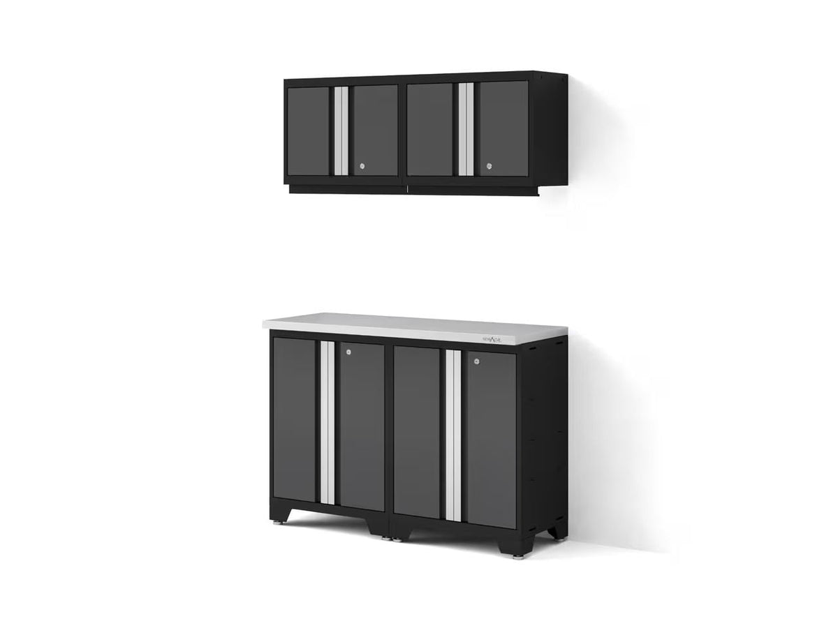 NewAge Bold 3.0 Series All-in-One Lockable Steel Garage Cabinetry Set with Stainless Steel Top, Black/Grey, 48-in x 18-in x 76.75-in, 5-pc