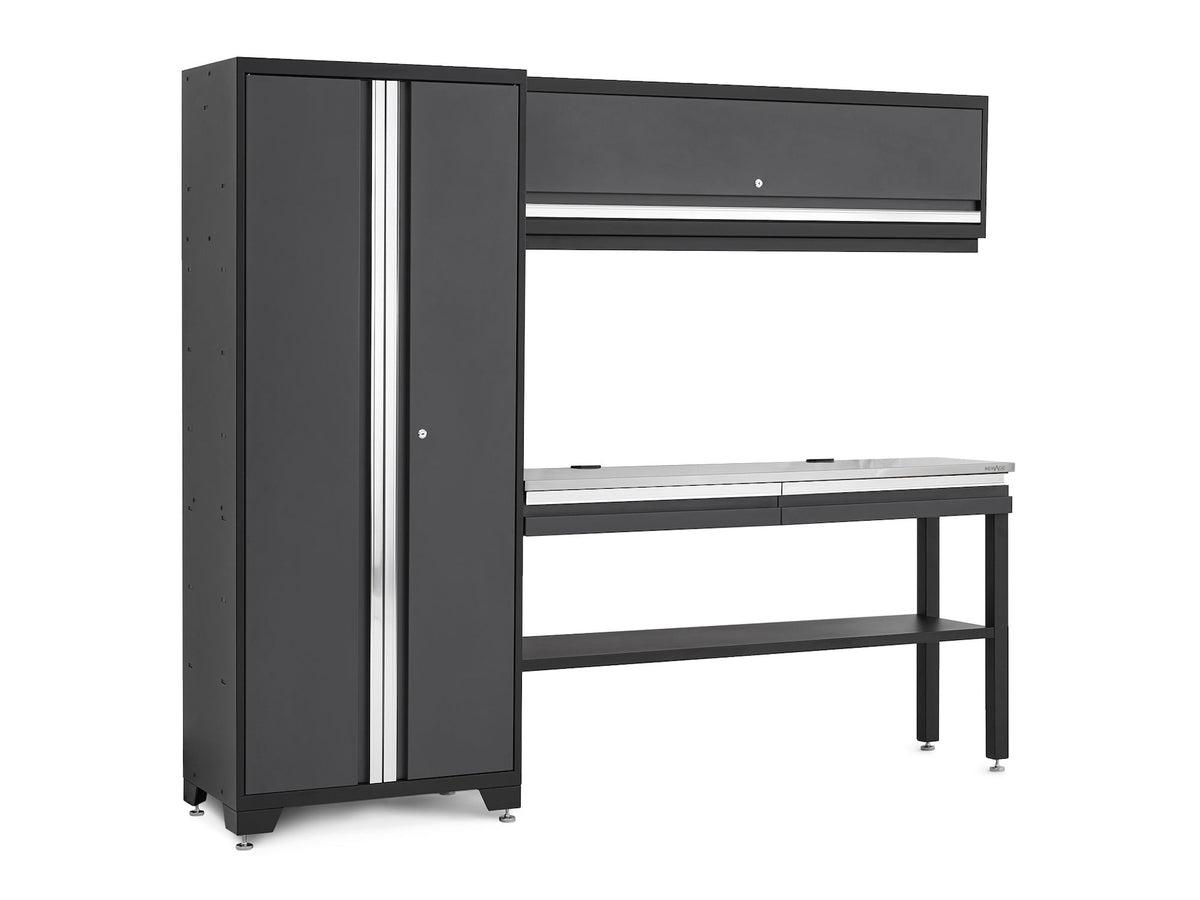 NewAge Bold 3.0 Series All-in-One Lockable Steel Garage Cabinetry Set with Stainless Steel Top, Grey, 90-in x 18-in x 72-in, 4-pc