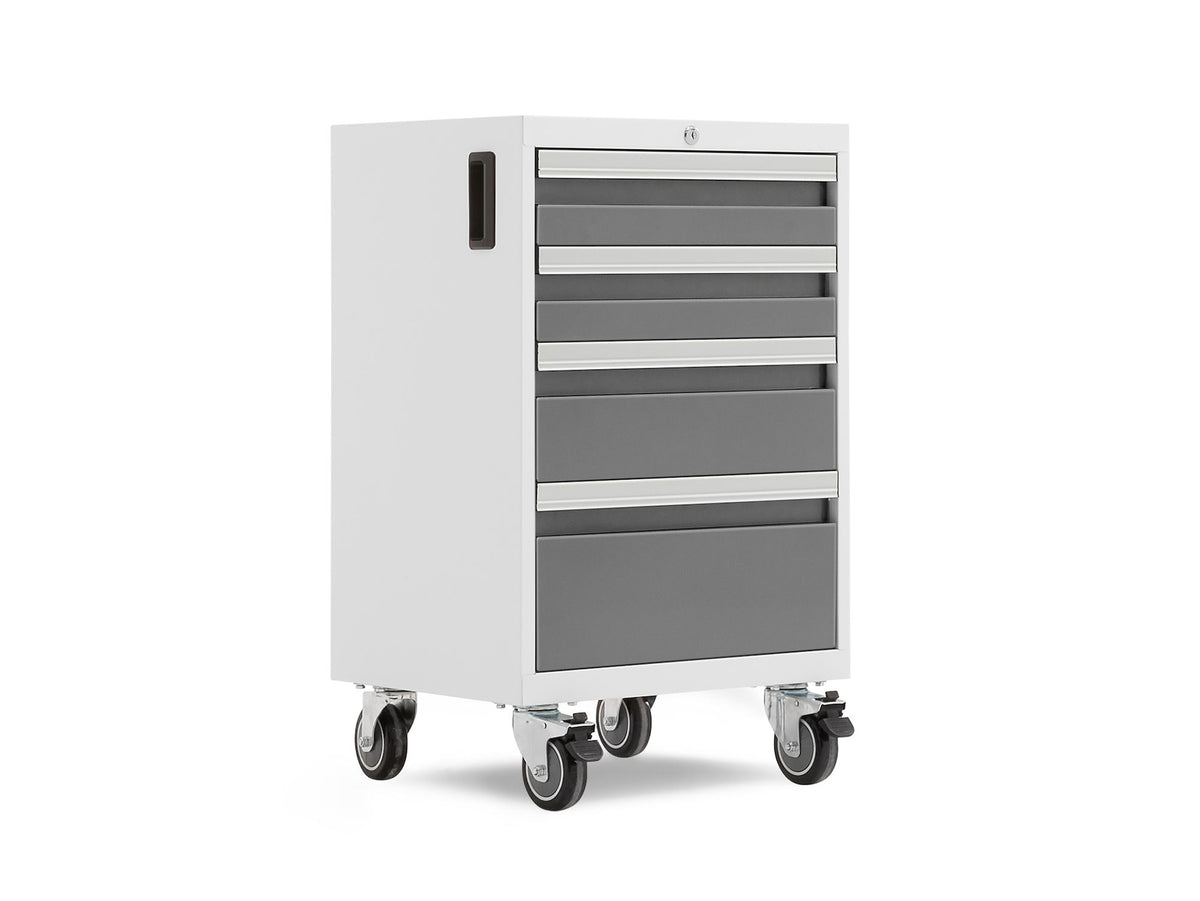 NewAge Bold 3.0 Series Lockable 4-Drawer Rolling Tool Cabinet, Fully-Welded, 600-lb Capacity, White/Platinum, 21-in