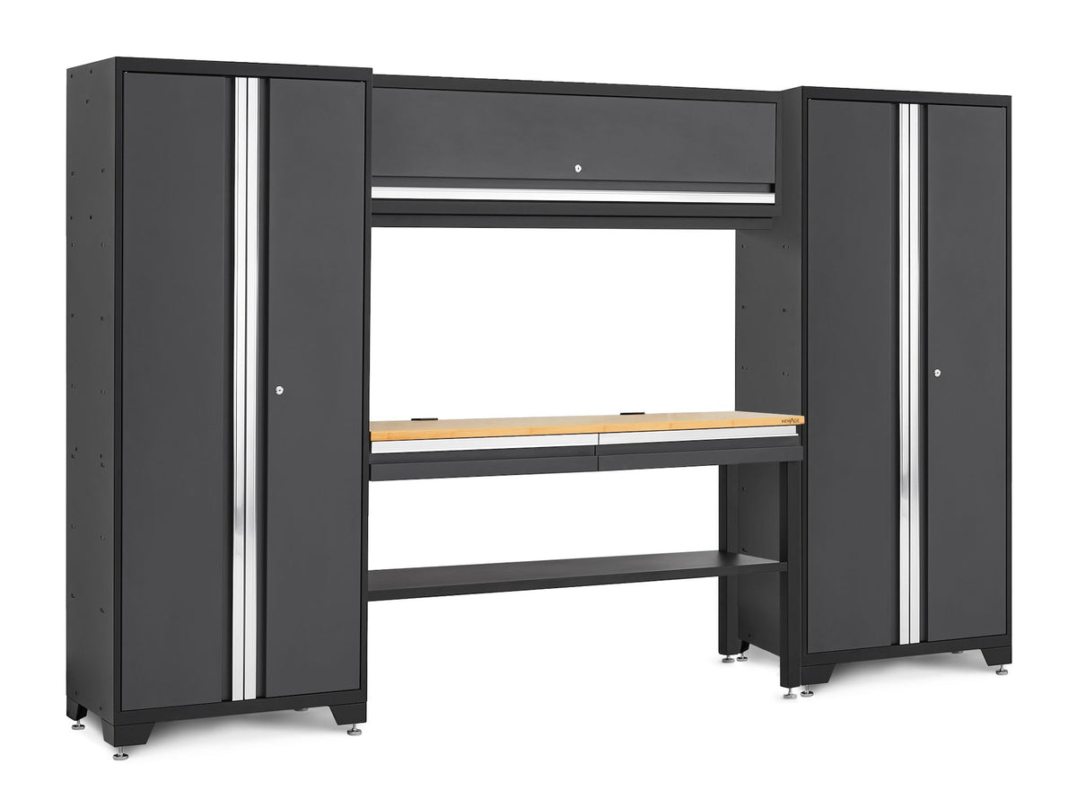 NewAge Bold 3.0 Series Lockable Steel Garage Cabinetry Set with Bamboo Top, Grey, 120-in x 18-in x 72-in, 5-pc