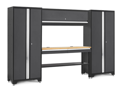 NewAge Bold 3.0 Series Lockable Steel Garage Cabinetry Set with Bamboo Top, Grey, 120-in x 18-in x 72-in, 5-pc