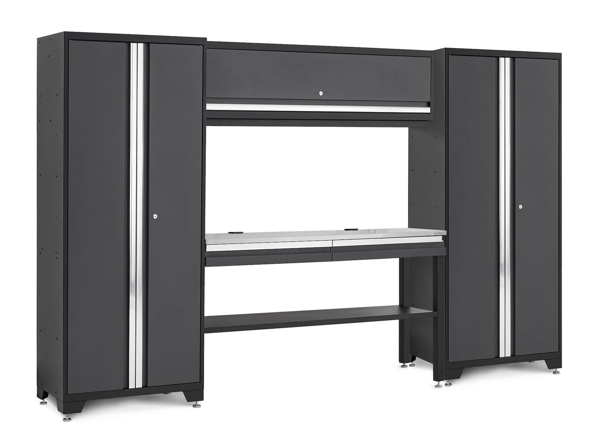 NewAge Bold 3.0 Series Lockable Steel Garage Cabinetry Set with Stainless Steel Top, Grey, 120-in x 18-in x 72-in, 5-pc