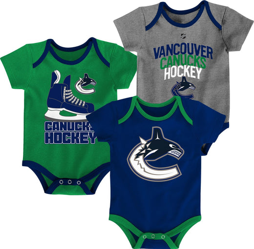 NHL Vancouver Canucks Infant/Baby Bodysuit Onesie, Blue/Green/Grey, 3-pk
