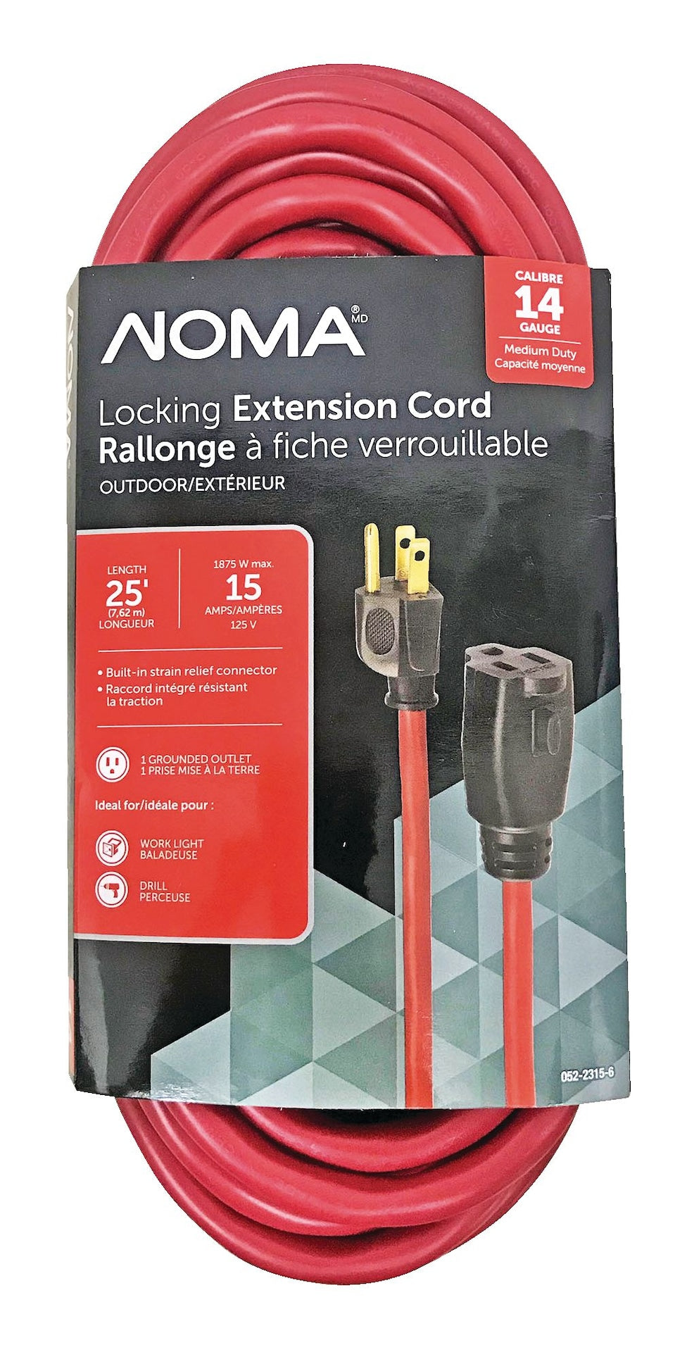 NOMA 14/3 Outdoor Extension Cord with Grounded Outlet & Locking Connector, Red