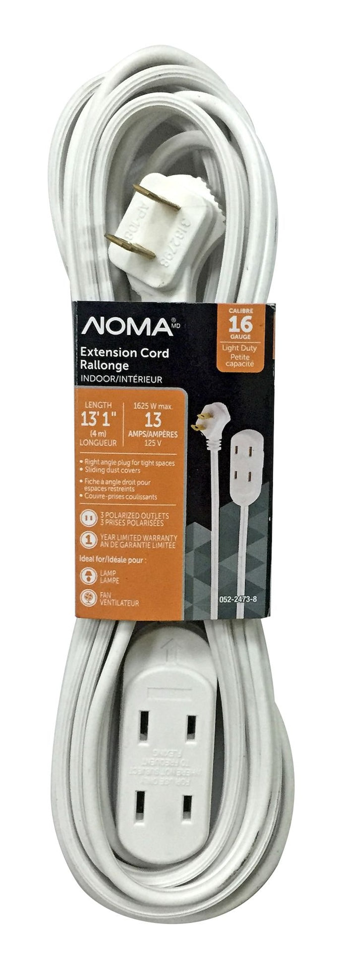 NOMA 15-ft 16/2 Indoor Extension Cord, 3 Outlets, Flat Plug, White